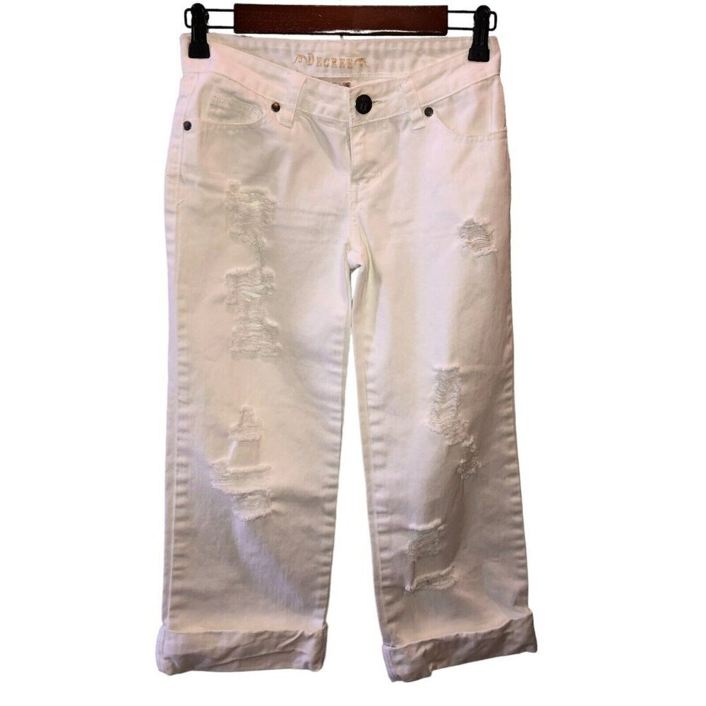 Decree Womens Size 0 White Distressed Straight Cropped Cuffed Jeans Capris Pants